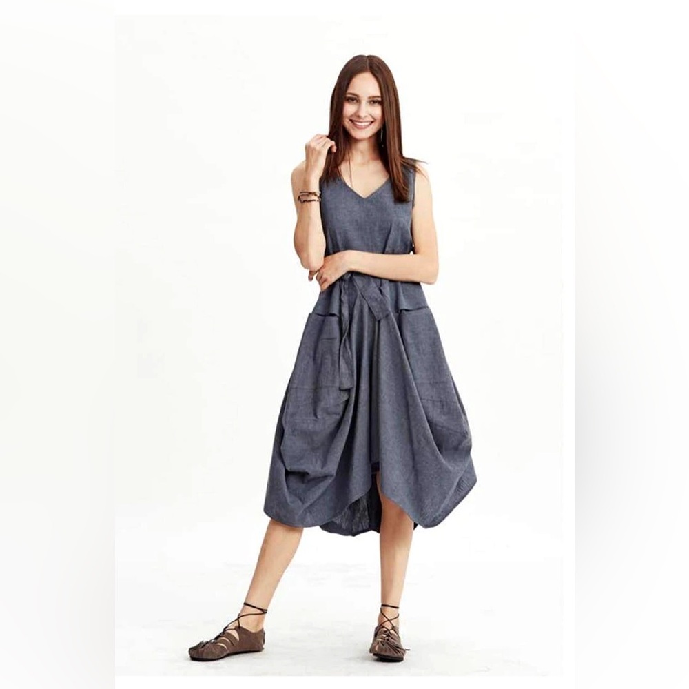 MAWLANA Cotton Boho Sleeveless Balloon Dress | V-Neck | Size Small